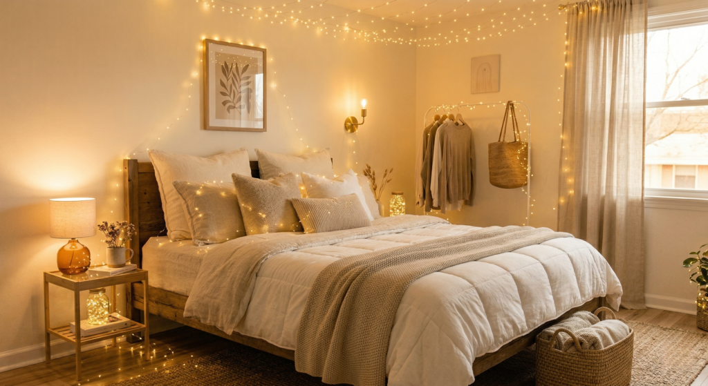 cheap cozy bedroom lighting ideas with fairy lights