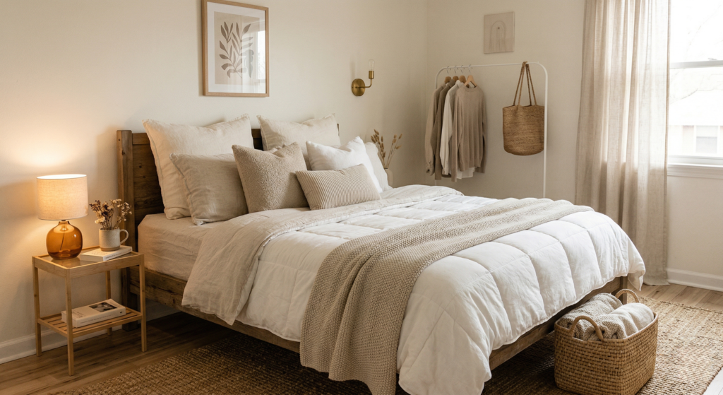 cozy bedroom ideas cheap with layered blankets and pillows